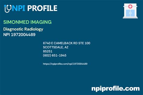 Simonmed imaging npi - Jun 3, 2006 · The authorized official of this NPI record is Dr. Howard J Simon M.d. (Owner) NPI. 1164460077. Provider Name. SIMONMED IMAGING, INCORPORATED. Location Address. 9201 EAST MOUNTAIN VIEW ROAD SUITE 112 SCOTTSDALE, AZ 85258. Location Phone. (602) 714-6160. 